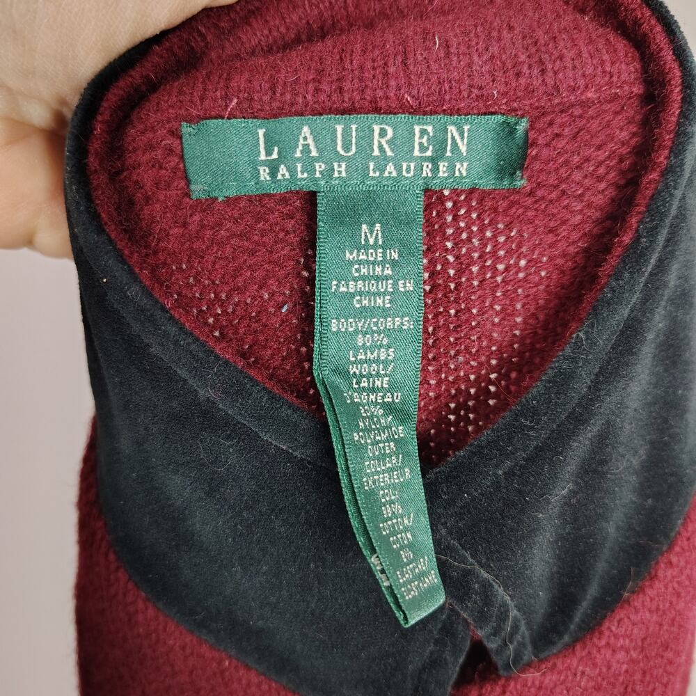 Ralph Lauren Lambs Wool Blend Riding Sweater Jacket Burgundy Velvet Collar - Picture 5 of 14